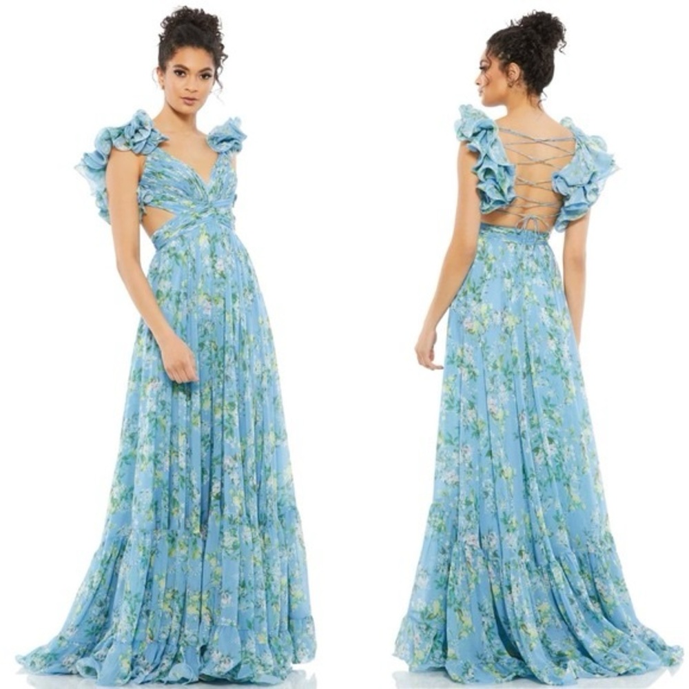 Mac‎ Duggal Ruffle Tiered Floral Cut Out Chiffon Gown Blue Multi 67803 Size 2